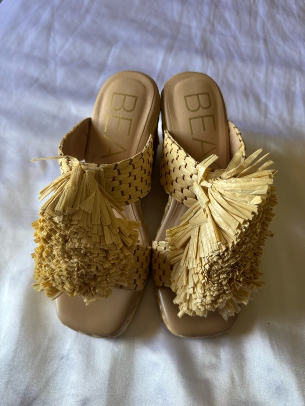 beach by Matisse Beatrice Pale Yellow Woven Raffia Tassel Slide Mules